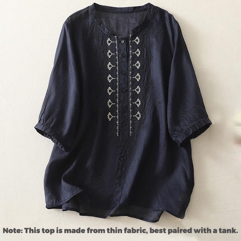 Buddha Stones Symmetrische Stickerei Baumwolle Leinen Damen Halbarm Shirt - image 2