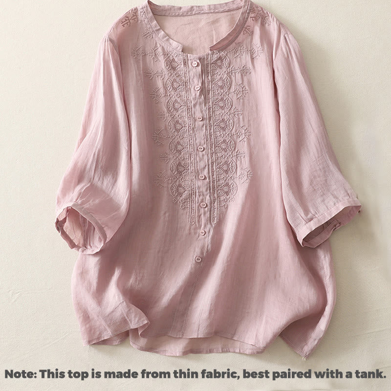 Buddha Stones Symmetrische Stickerei Baumwolle Leinen Damen Halbarm Shirt - image 8