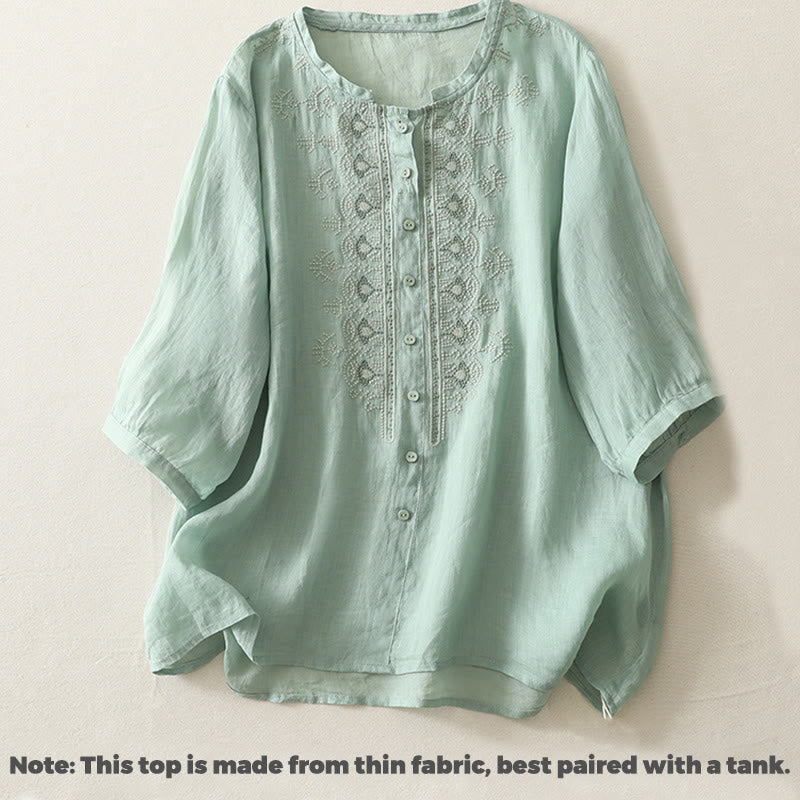 Buddha Stones Symmetrische Stickerei Baumwolle Leinen Damen Halbarm Shirt - image 14