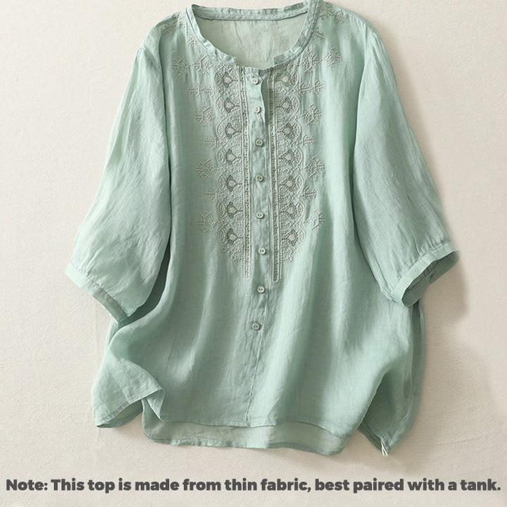 Buddha Stones Symmetrische Stickerei Baumwolle Leinen Damen Halbarm Shirt - image 14
