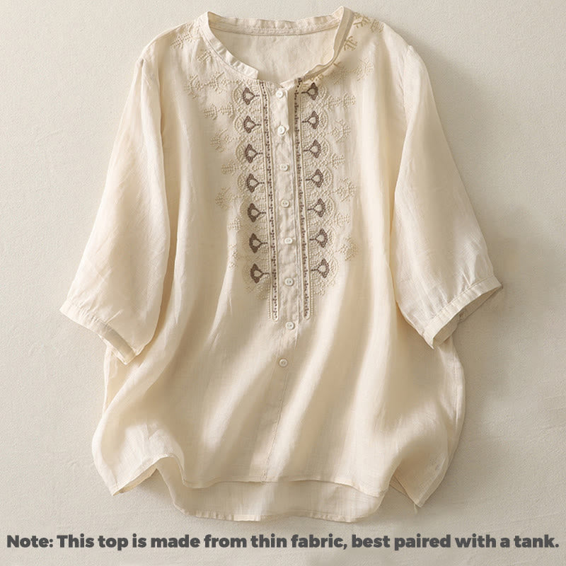 Buddha Stones Symmetrische Stickerei Baumwolle Leinen Damen Halbarm Shirt - image 19