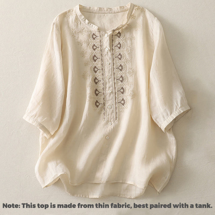 Buddha Stones Symmetrische Stickerei Baumwolle Leinen Damen Halbarm Shirt - image 19