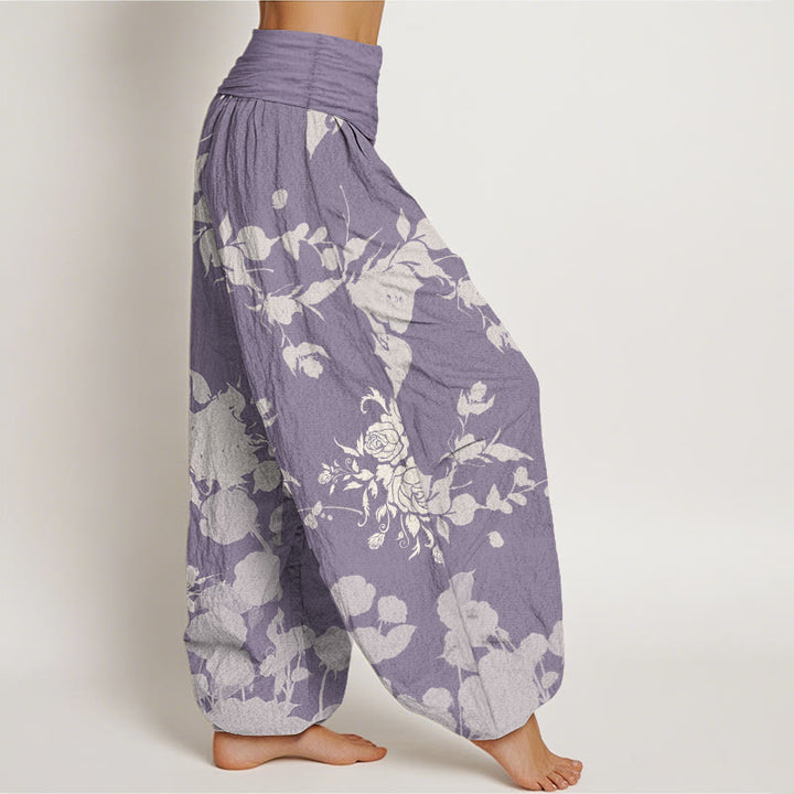 Buddha Stones Damen-Haremshose aus reiner Baumwolle mit blühendem Blumenmuster und elastischer Taille