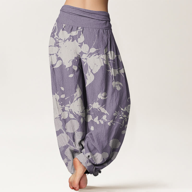 Buddha Stones Damen-Haremshose aus reiner Baumwolle mit blühendem Blumenmuster und elastischer Taille
