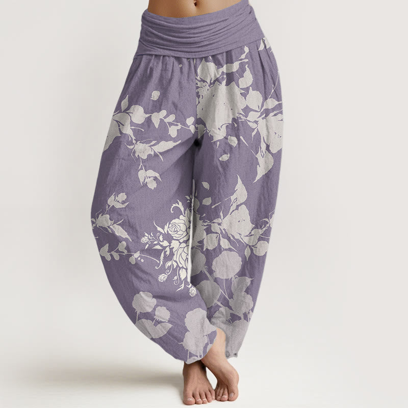 Buddha Stones Damen-Haremshose aus reiner Baumwolle mit blühendem Blumenmuster und elastischer Taille