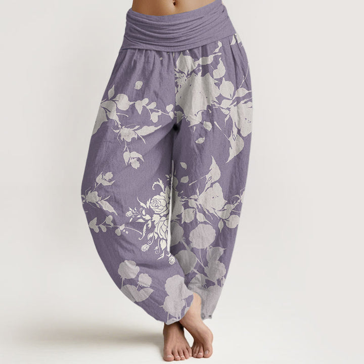 Buddha Stones Damen-Haremshose aus reiner Baumwolle mit blühendem Blumenmuster und elastischer Taille