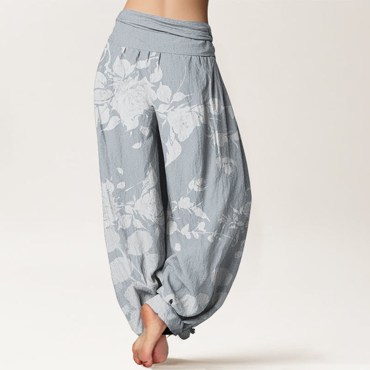 Buddha Stones Damen-Haremshose aus reiner Baumwolle mit blühendem Blumenmuster und elastischer Taille