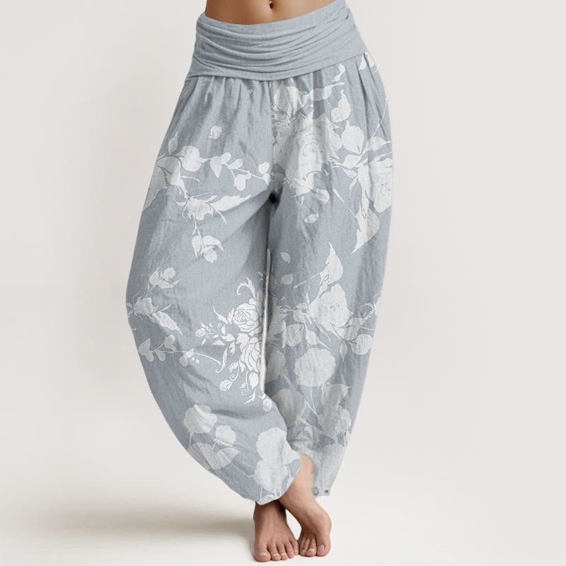 Buddha Stones Damen-Haremshose aus reiner Baumwolle mit blühendem Blumenmuster und elastischer Taille