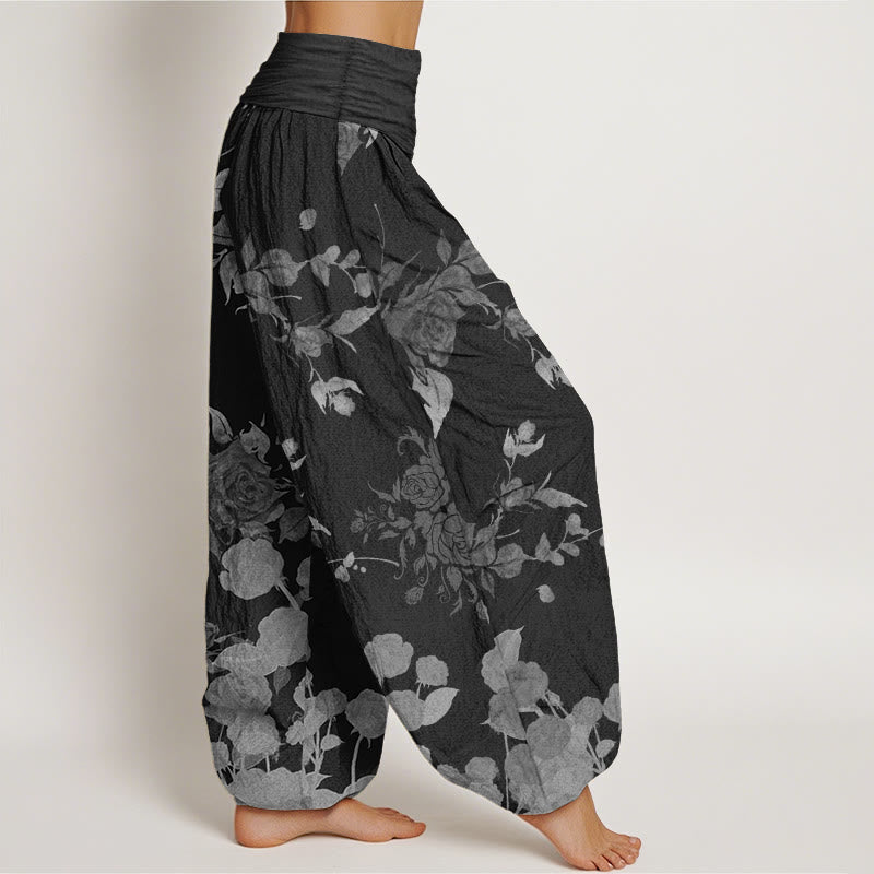 Buddha Stones Damen-Haremshose aus reiner Baumwolle mit blühendem Blumenmuster und elastischer Taille