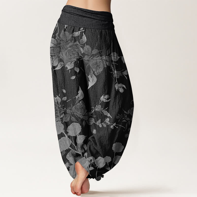Buddha Stones Damen-Haremshose aus reiner Baumwolle mit blühendem Blumenmuster und elastischer Taille