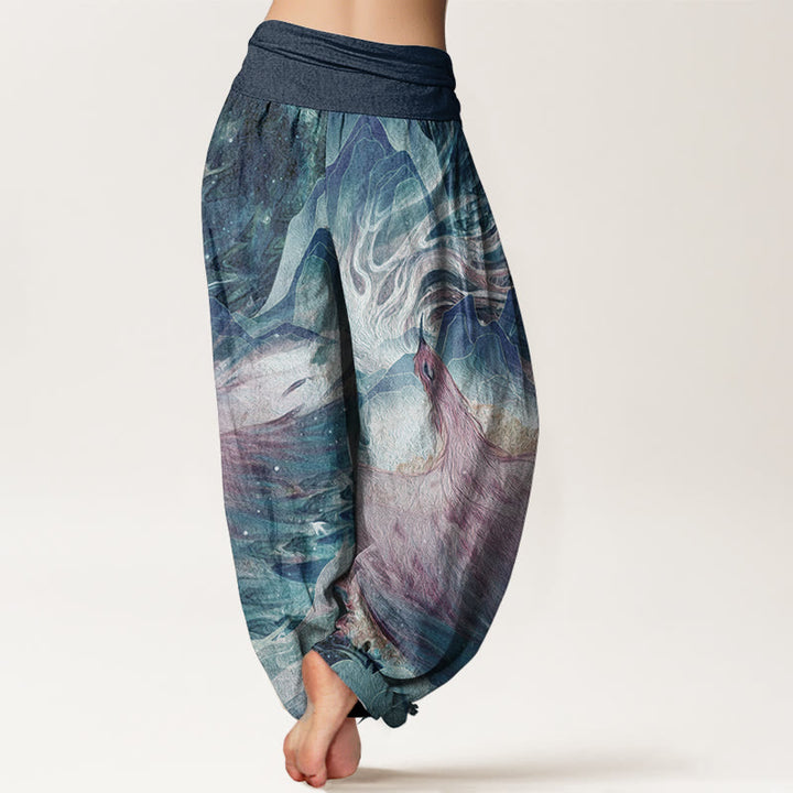 Buddha Stones Damen-Haremshose aus reiner Baumwolle mit Fabelwesen-Muster und elastischer Taille