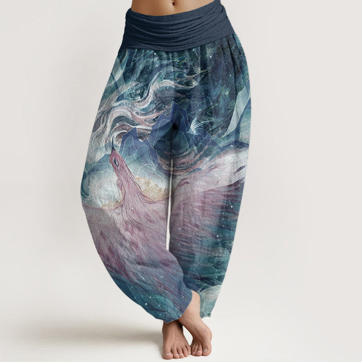 Buddha Stones Damen-Haremshose aus reiner Baumwolle mit Fabelwesen-Muster und elastischer Taille