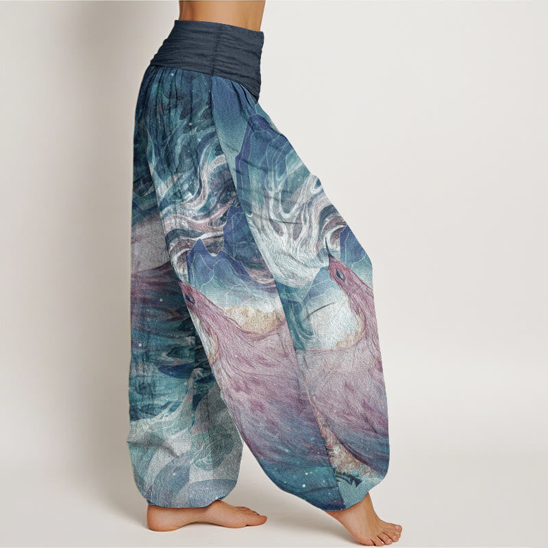 Buddha Stones Damen-Haremshose aus reiner Baumwolle mit Fabelwesen-Muster und elastischer Taille