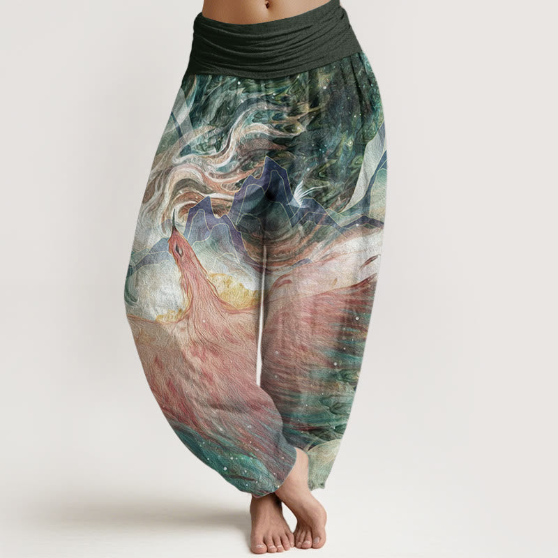 Buddha Stones Damen-Haremshose aus reiner Baumwolle mit Fabelwesen-Muster und elastischer Taille