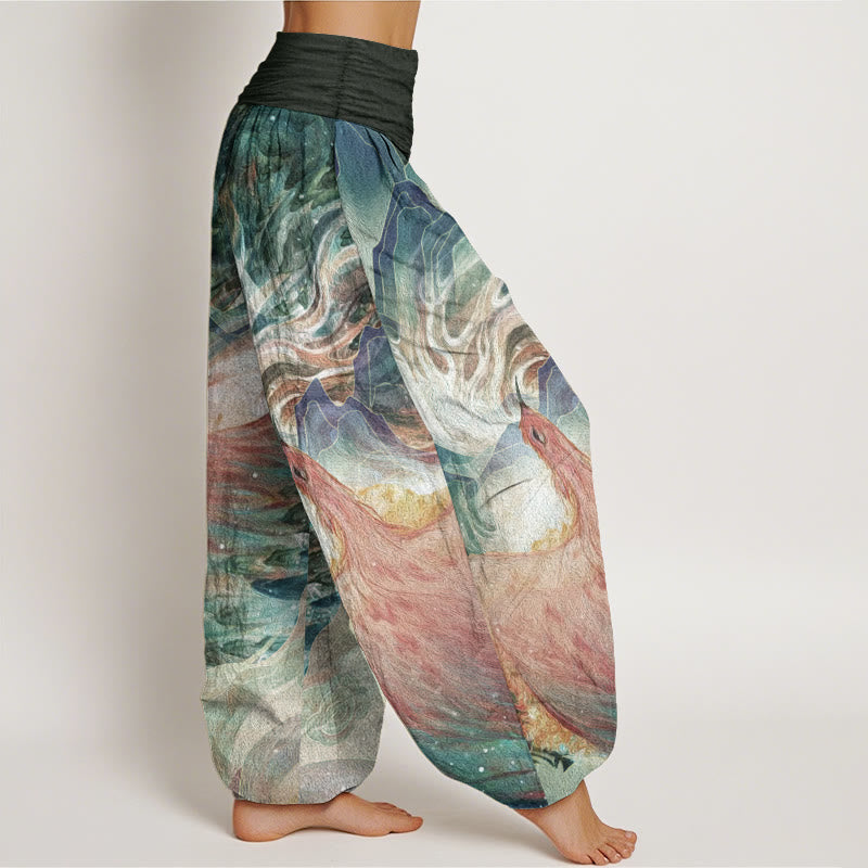 Buddha Stones Damen-Haremshose aus reiner Baumwolle mit Fabelwesen-Muster und elastischer Taille