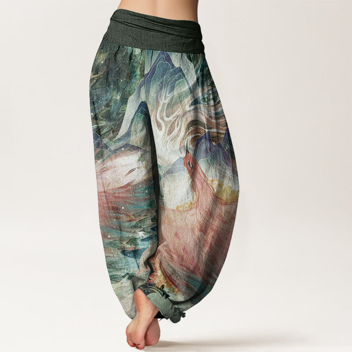 Buddha Stones Damen-Haremshose aus reiner Baumwolle mit Fabelwesen-Muster und elastischer Taille