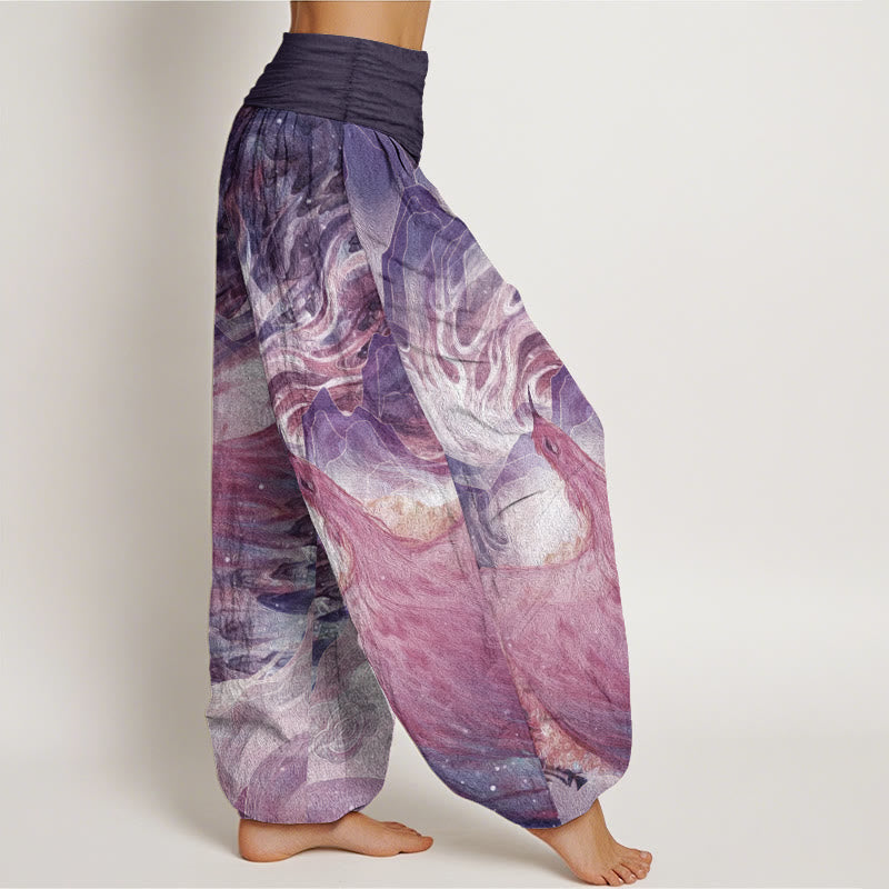 Buddha Stones Damen-Haremshose aus reiner Baumwolle mit Fabelwesen-Muster und elastischer Taille