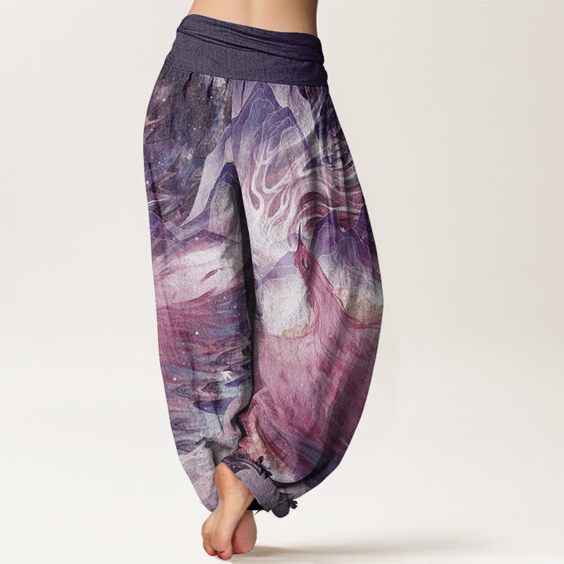 Buddha Stones Damen-Haremshose aus reiner Baumwolle mit Fabelwesen-Muster und elastischer Taille