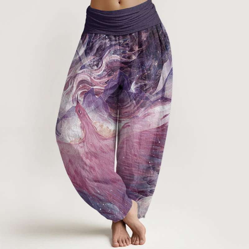 Buddha Stones Damen-Haremshose aus reiner Baumwolle mit Fabelwesen-Muster und elastischer Taille