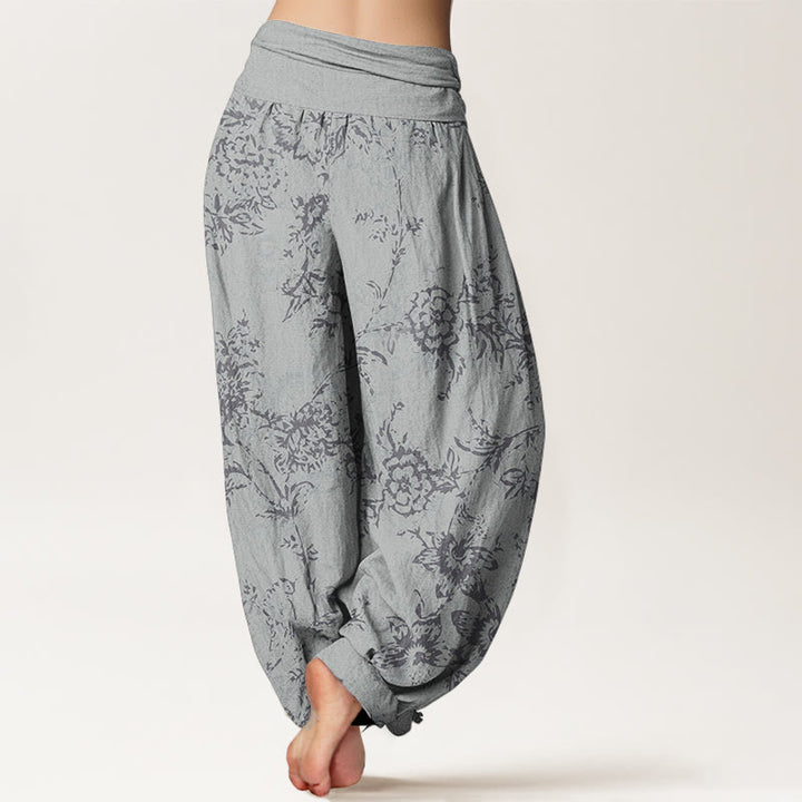 Buddha Stones Damen-Haremshose aus reiner Baumwolle mit Blumenmuster und elastischer Taille