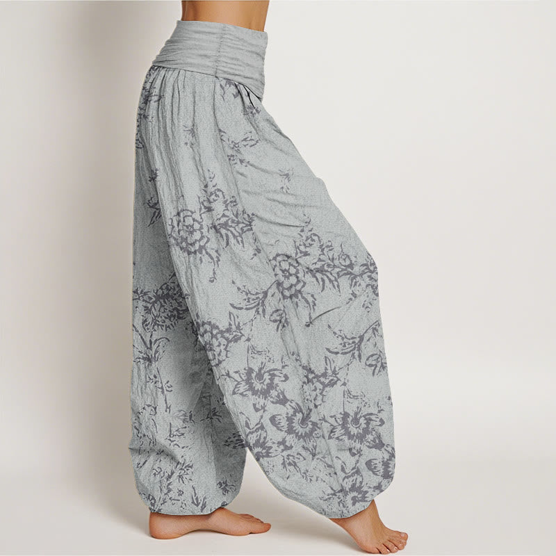 Buddha Stones Damen-Haremshose aus reiner Baumwolle mit Blumenmuster und elastischer Taille