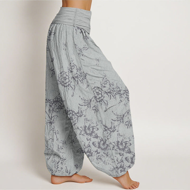 Buddha Stones Damen-Haremshose aus reiner Baumwolle mit Blumenmuster und elastischer Taille