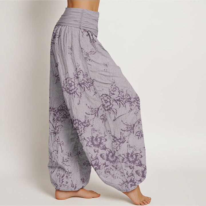 Buddha Stones Damen-Haremshose aus reiner Baumwolle mit Blumenmuster und elastischer Taille