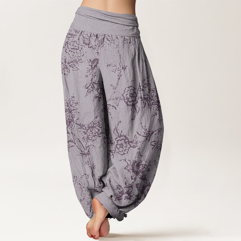 Buddha Stones Damen-Haremshose aus reiner Baumwolle mit Blumenmuster und elastischer Taille