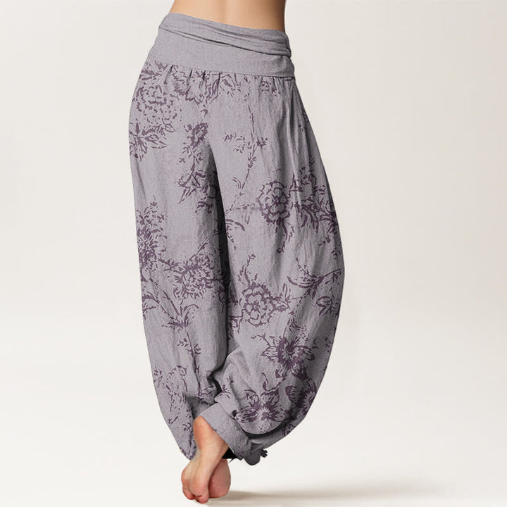 Buddha Stones Damen-Haremshose aus reiner Baumwolle mit Blumenmuster und elastischer Taille