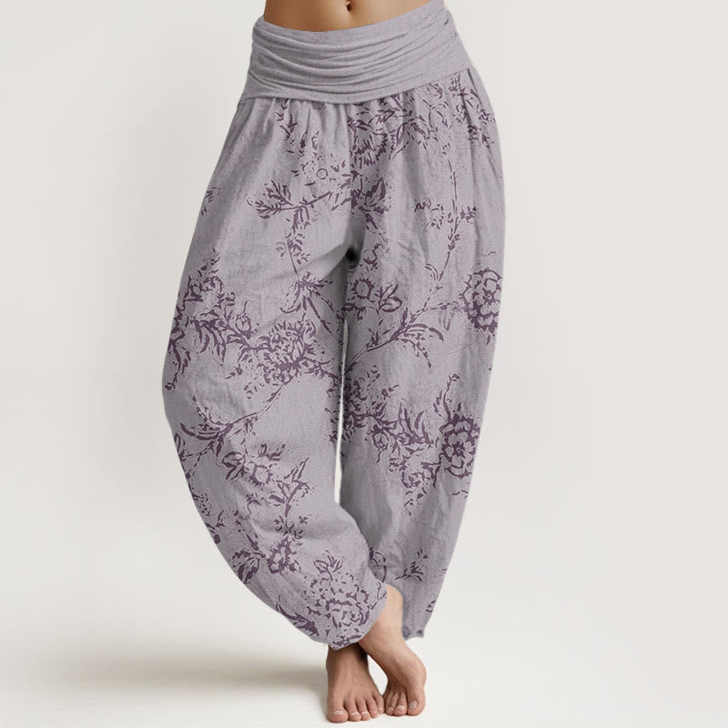 Buddha Stones Damen-Haremshose aus reiner Baumwolle mit Blumenmuster und elastischer Taille
