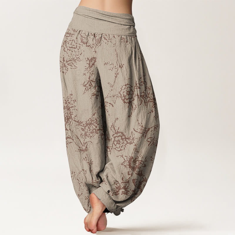 Buddha Stones Damen-Haremshose aus reiner Baumwolle mit Blumenmuster und elastischer Taille