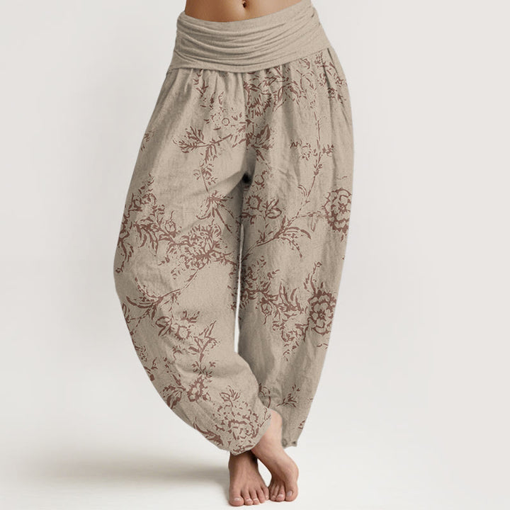 Buddha Stones Damen-Haremshose aus reiner Baumwolle mit Blumenmuster und elastischer Taille