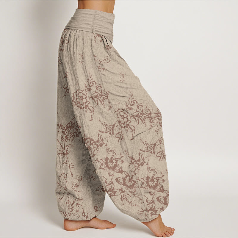 Buddha Stones Damen-Haremshose aus reiner Baumwolle mit Blumenmuster und elastischer Taille