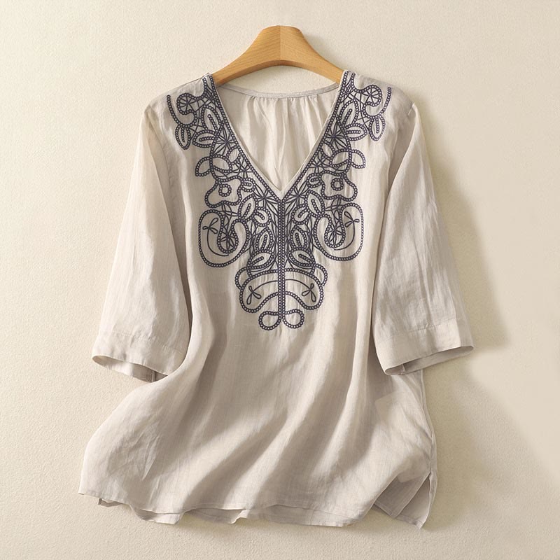 Lässiges Damen-T-Shirt aus Baumwolle und Leinen mit halblangen Ärmeln und Buddha Stones -Stickerei - Beige - US14, UK/AU18, EU46 (2XL) - image 0