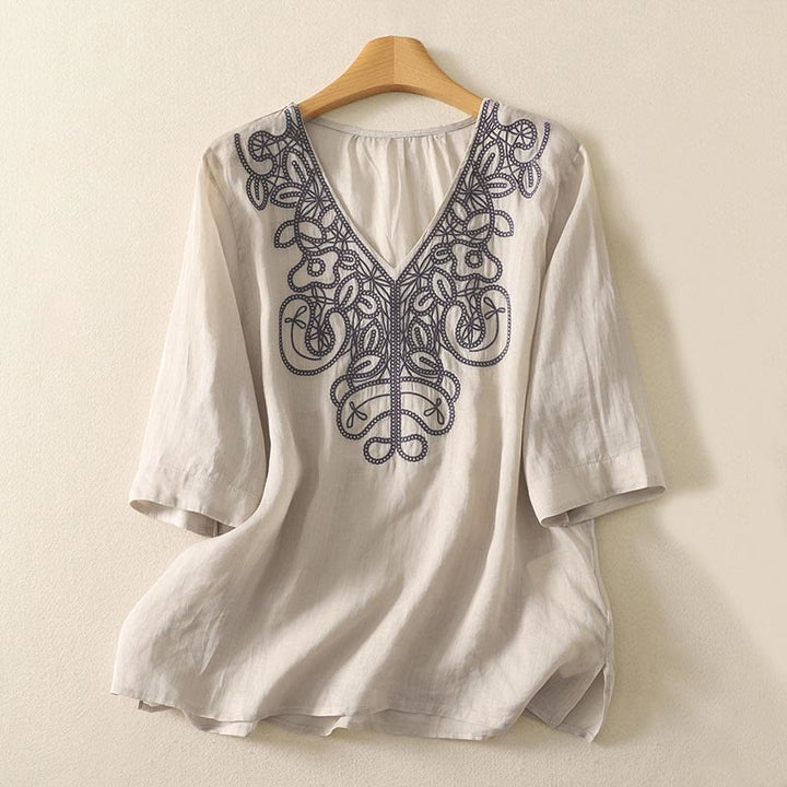 Lässiges Damen-T-Shirt aus Baumwolle und Leinen mit halblangen Ärmeln und Buddha Stones -Stickerei - Beige - US14, UK/AU18, EU46 (2XL) - image 0
