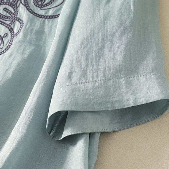 Lässiges Damen-T-Shirt aus Baumwolle und Leinen mit halblangen Ärmeln und Buddha Stones -Stickerei - image 12