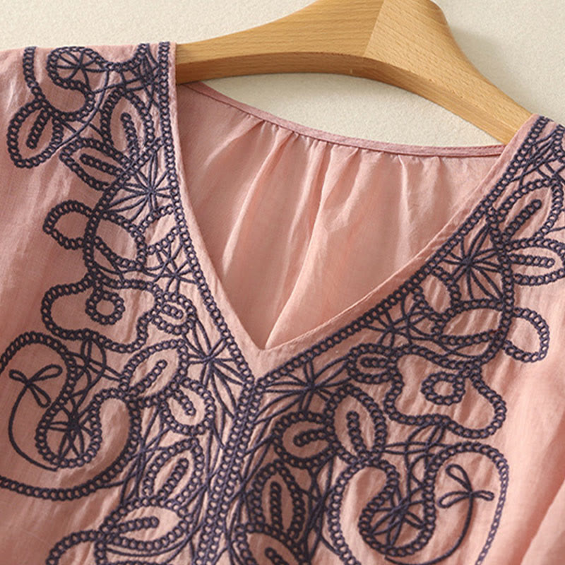 Lässiges Damen-T-Shirt aus Baumwolle und Leinen mit halblangen Ärmeln und Buddha Stones -Stickerei - image 15