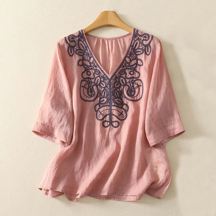 Lässiges Damen-T-Shirt aus Baumwolle und Leinen mit halblangen Ärmeln und Buddha Stones -Stickerei - Hellkoralle - US14, UK/AU18, EU46 (2XL) - image 12