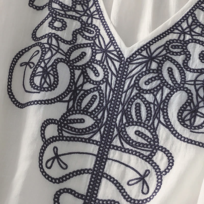 Lässiges Damen-T-Shirt aus Baumwolle und Leinen mit halblangen Ärmeln und Buddha Stones -Stickerei - image 27