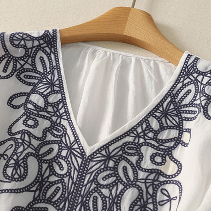 Lässiges Damen-T-Shirt aus Baumwolle und Leinen mit halblangen Ärmeln und Buddha Stones -Stickerei - image 22