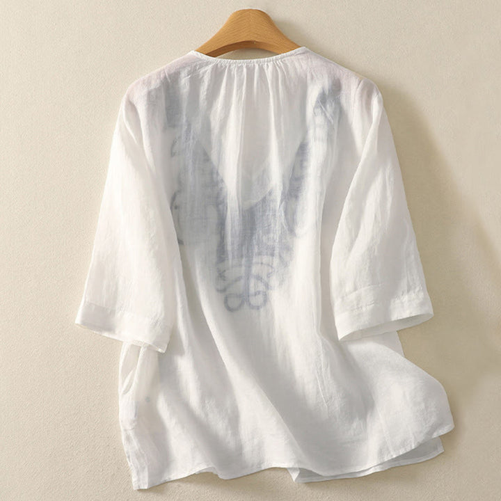 Lässiges Damen-T-Shirt aus Baumwolle und Leinen mit halblangen Ärmeln und Buddha Stones -Stickerei - image 20
