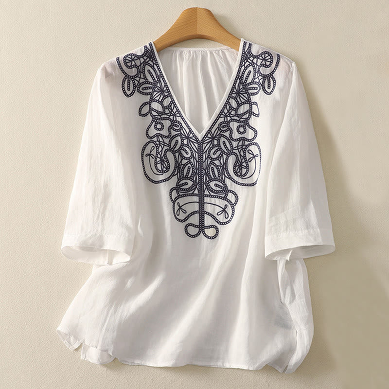 Lässiges Damen-T-Shirt aus Baumwolle und Leinen mit halblangen Ärmeln und Buddha Stones -Stickerei - Weiß - US14, UK/AU18,EU46 (2XL) - image 19