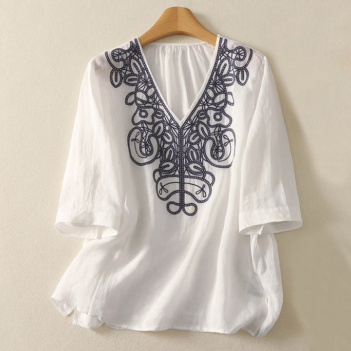 Lässiges Damen-T-Shirt aus Baumwolle und Leinen mit halblangen Ärmeln und Buddha Stones -Stickerei - Weiß - US14, UK/AU18,EU46 (2XL) - image 19