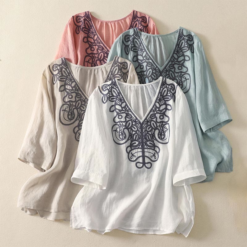 Lässiges Damen-T-Shirt aus Baumwolle und Leinen mit halblangen Ärmeln und Buddha Stones -Stickerei - image 29