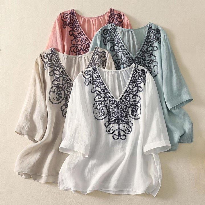 Lässiges Damen-T-Shirt aus Baumwolle und Leinen mit halblangen Ärmeln und Buddha Stones -Stickerei - image 29