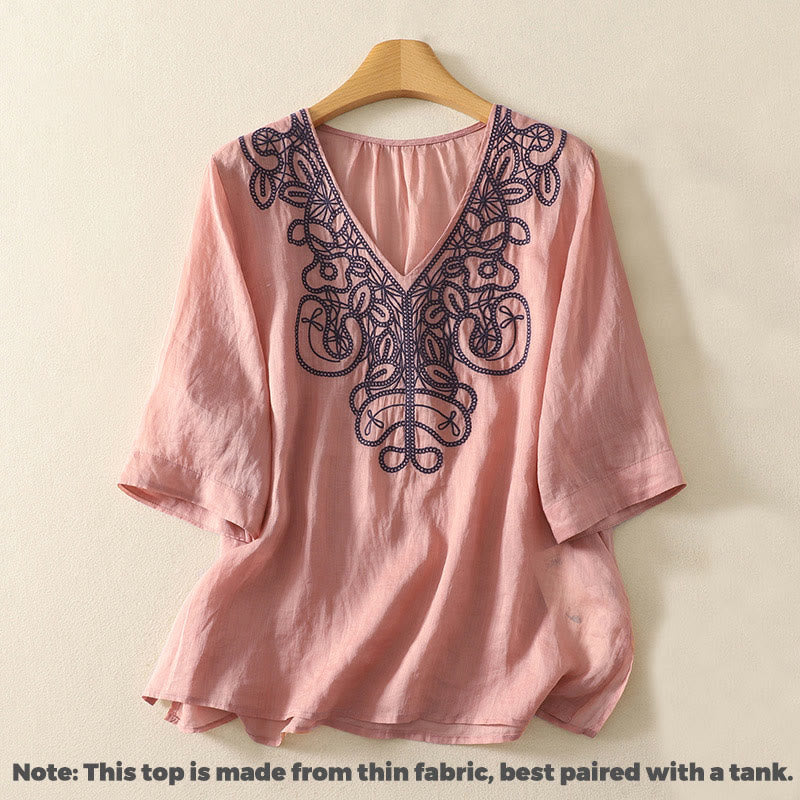 Lässiges Damen-T-Shirt aus Baumwolle und Leinen mit halblangen Ärmeln und Buddha Stones -Stickerei - image 14