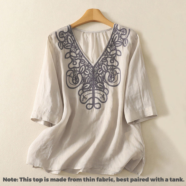 Lässiges Damen-T-Shirt aus Baumwolle und Leinen mit halblangen Ärmeln und Buddha Stones -Stickerei - image 1