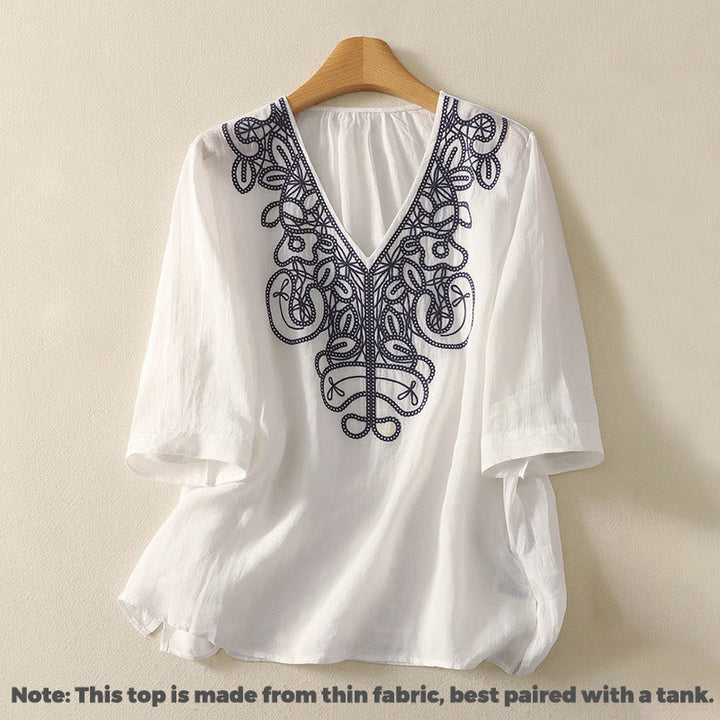 Lässiges Damen-T-Shirt aus Baumwolle und Leinen mit halblangen Ärmeln und Buddha Stones -Stickerei - image 20