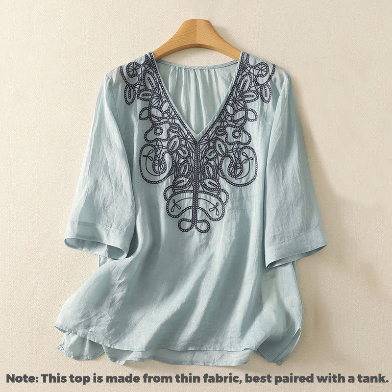 Lässiges Damen-T-Shirt aus Baumwolle und Leinen mit halblangen Ärmeln und Buddha Stones -Stickerei - image 8