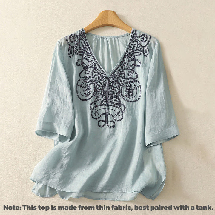 Lässiges Damen-T-Shirt aus Baumwolle und Leinen mit halblangen Ärmeln und Buddha Stones -Stickerei - image 8